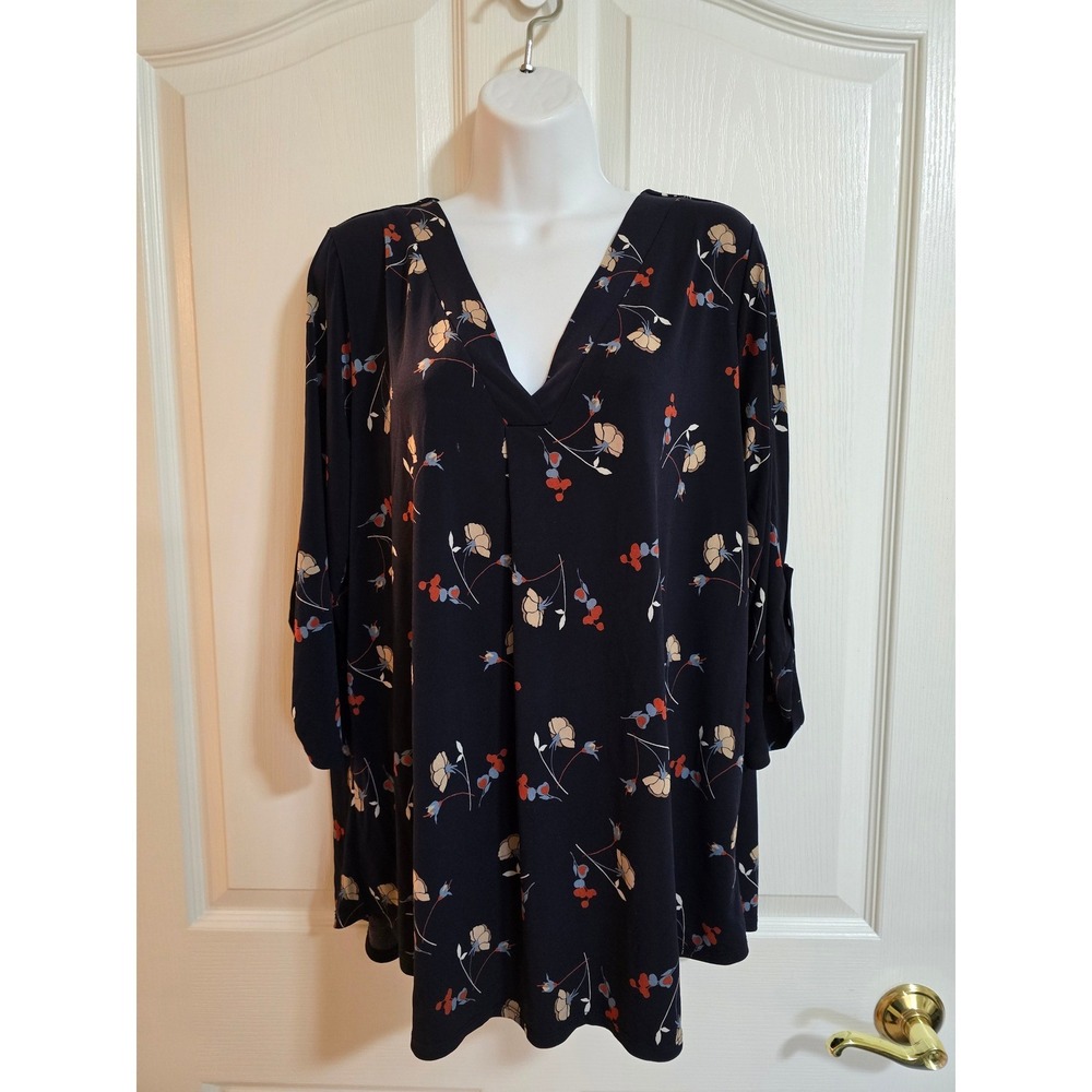 BEACON Floral Print V Neck Roll Tab Sleeve Tunic‎ Top Plus Size 1X /0313